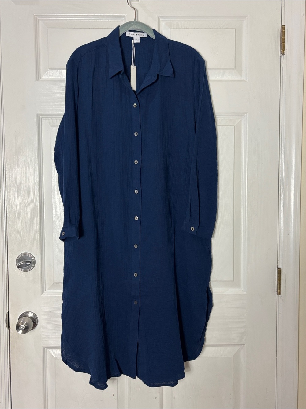 Loyal Hana Long Navy cotton gauze Button-Up for Maternity Shirt Dress size M